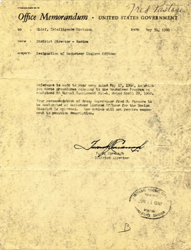 Memo from the IRS district director in boston to the chief of the intelligence division stating that Fred has been designated as racketeer liaison officer for the boston district.