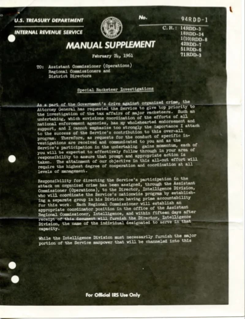 Manual supplement document from the IRS commissioner to the IRS personell.  Regarding the special racketeer investigations spearheded by Attorney General Robert Kennedy.