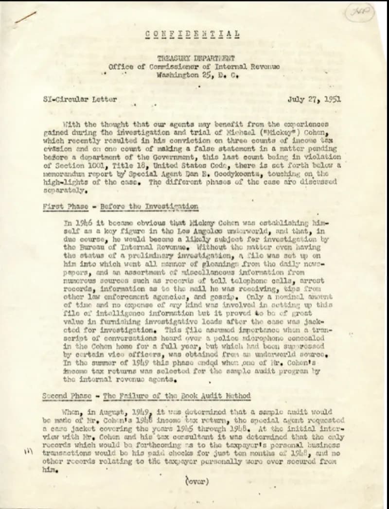 Letter from the Treasury Department in washington, the office of the commissioner.  The letter includes information regarding the investigation into Michael "mickey" cohen
