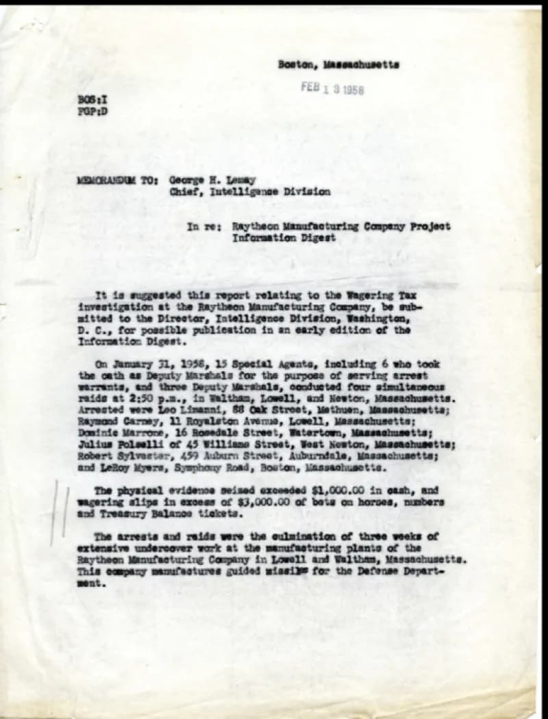 Memo from Fred to the chief of the intelligence division, George H. Lemay, in regards to the info fred was sharing with the Confidential magazine writer for their story on the Raytheon gambling raid.
