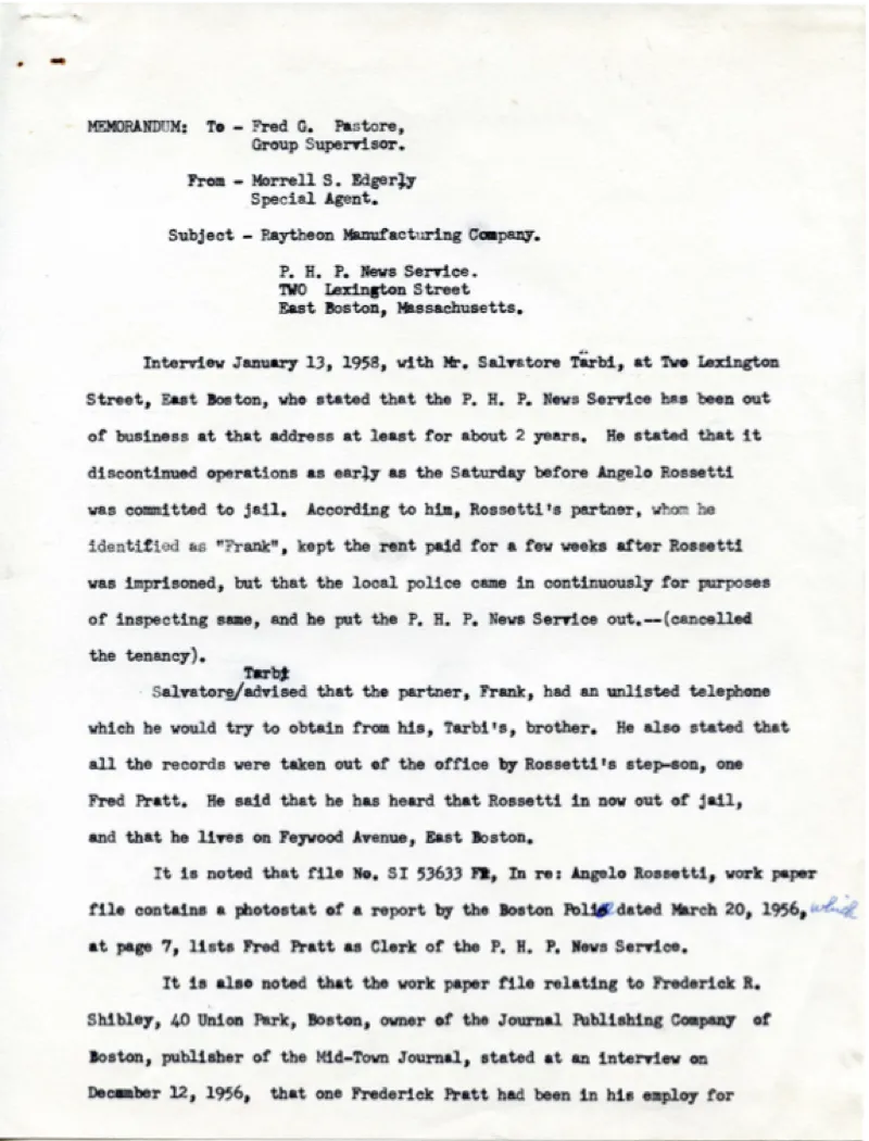 Memo from Fred's agent Morrel S. Edgerly, speical agent, to Fred.  REgarding that they uncovered some leads from the Raytheon case which are involved in "p.h.p. news service.  This news service was used to place sports bets across the country.