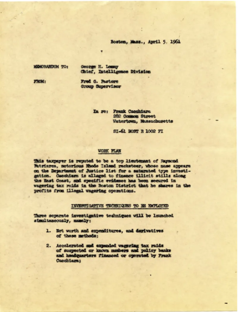 Memo from Fred to chief of IRS intelligence division George H. Lemay.  Subject is target "Frank Cucchiara" and fred's investigation into him.