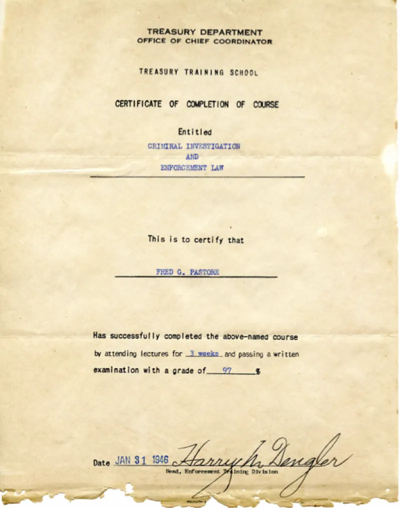 Fred's certificate of completion of the course titled "criminal investigation and enforcement law".  This was signed by the head of enforcement training division "Harry M. Dengler" who was a prominent figure in prohibition era law enforcment.
