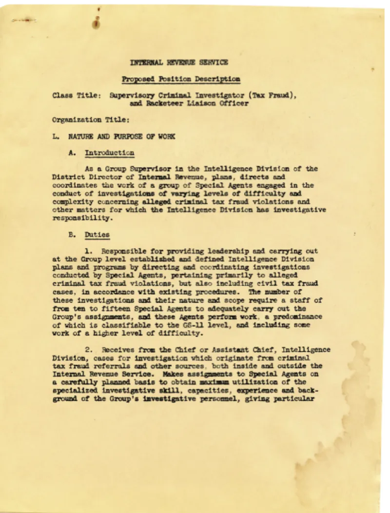 A letter from the IRS discussing the proposed position description for "Supervisory criminal investigator (tax fraud), and racketeer liaison officer.