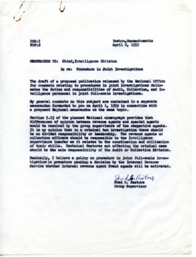 Memo from Fred to Chief of IRS intelligence division.  Regarding procedure in joint investigations.