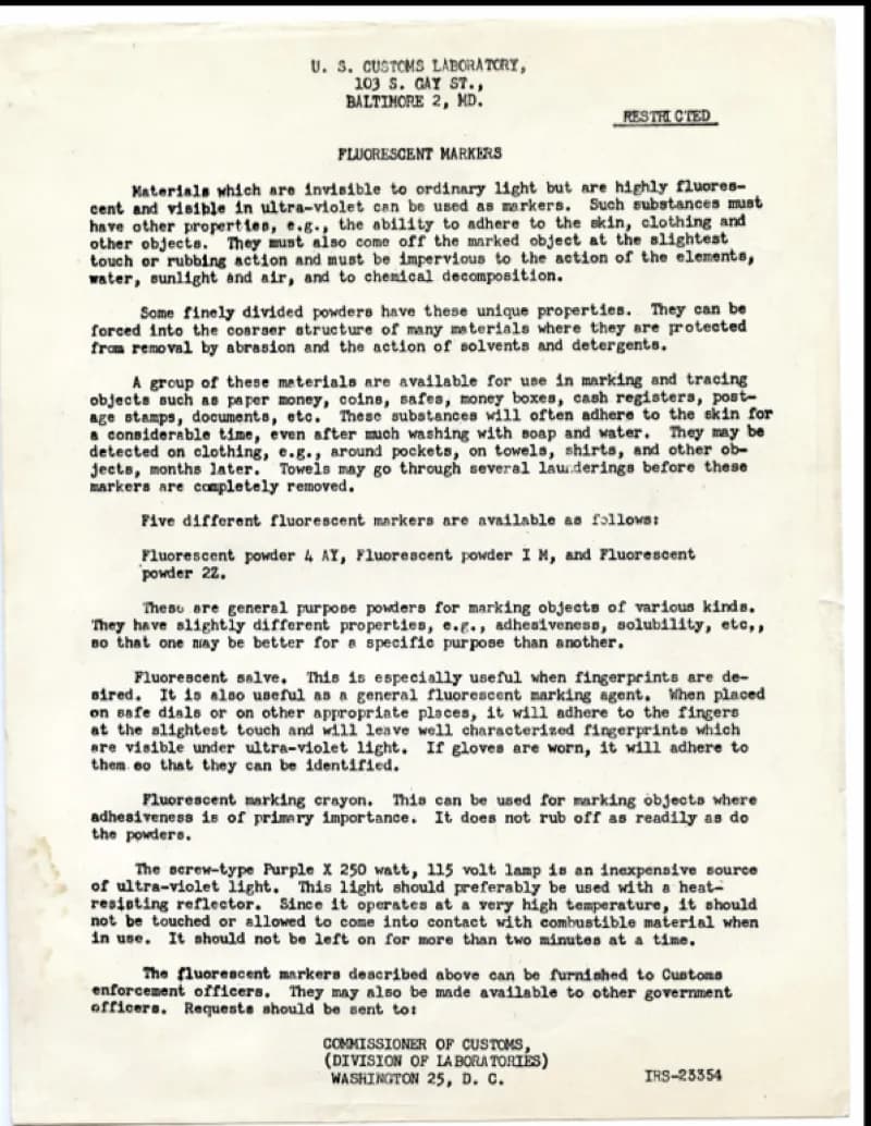 A document that tells agents how to use fluorescent markers for tracing substances on paper money, coins, safes, etc.