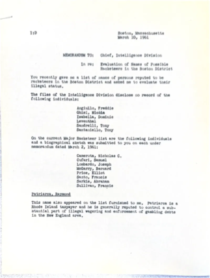 A document from Fred to the Chief of the IRS intelligence division Boston.  Regarding and listing top racketeers in Boston in 1948.
