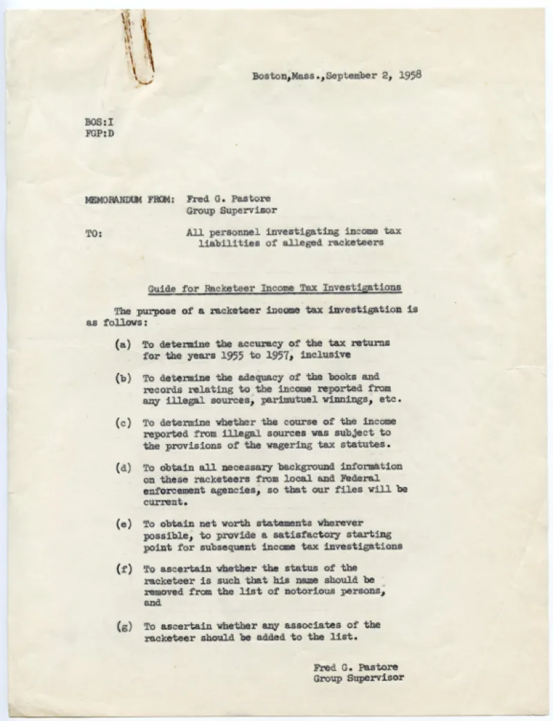 A memo from Fred to all personell in the IRS investigating income tax liabilities of alleged racketeers.  This is a guide for racketeer income tax investigations all done and created by fred.