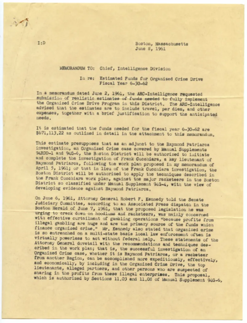 Memo from Fred to the Chief of the IRS intelligence division.  Regarding the estimated funds for organized crime drive for fiscal year 6-30-1962