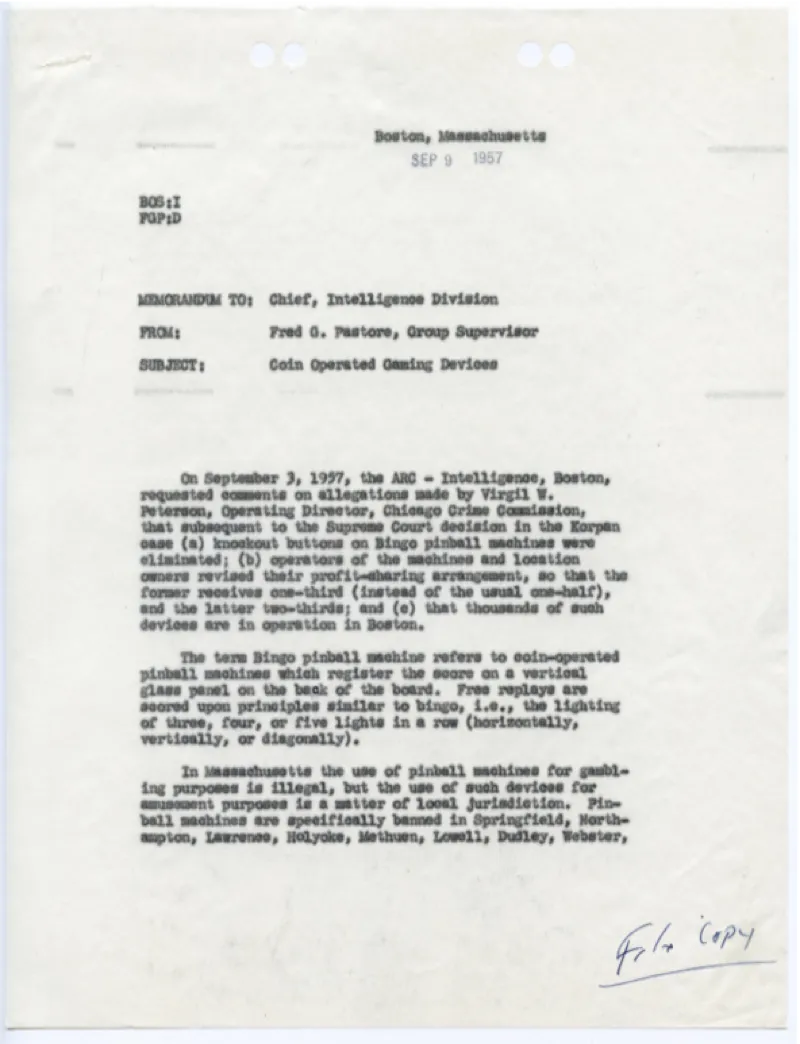 Memo from Fred to the Chief of the IRS intelligence division.  Subject is coin operated gaming devices.