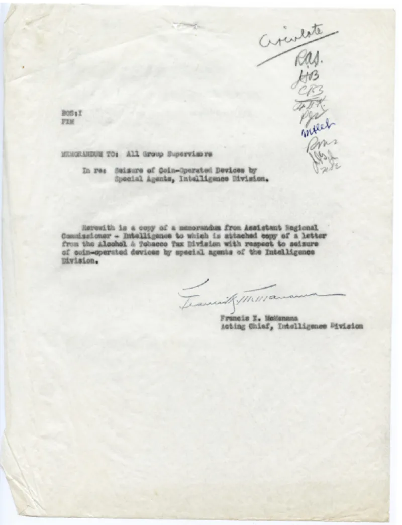 Memo from acting chief of the IRS intellgience division, to all group supervisors.  Regarding the seizure of coin operated devices by special agents in the intelligence division.