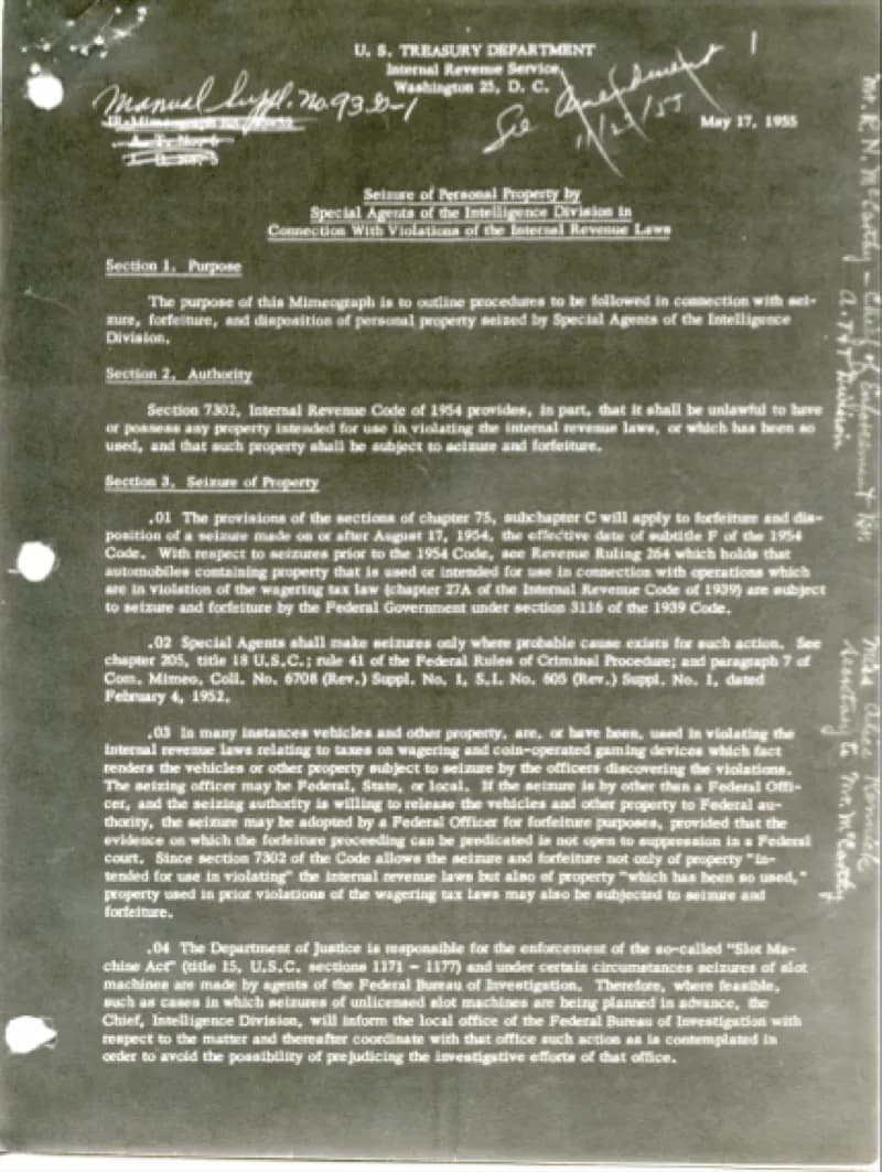 A letter to IRS personel from the IRS washington DC.  Regarding the seizure of personal property by special agents of the intellifence division in connection with violations of the internal revenue laws.