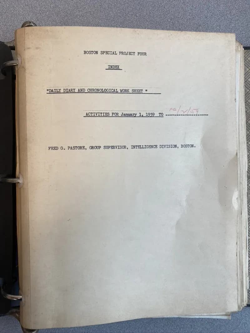 This is the binder of documents titled "Boston special project four" and is the codename for Fred's investigation into Bernard Goldfine.