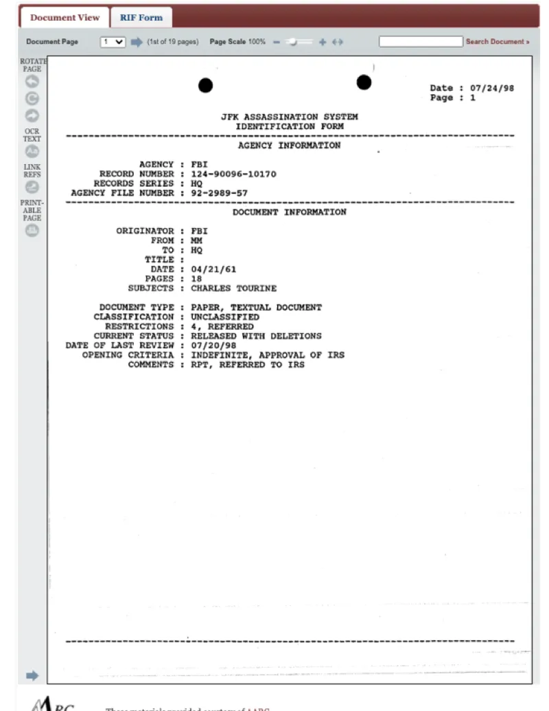 Thumbnail of JFK Assassination Files Referencing Fred G. Pastore's Work at the IRS